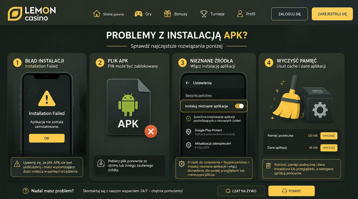 urządzenie z komunikatem „Instalacja nie powiodła się” obok ikony APK i ustawień Androida