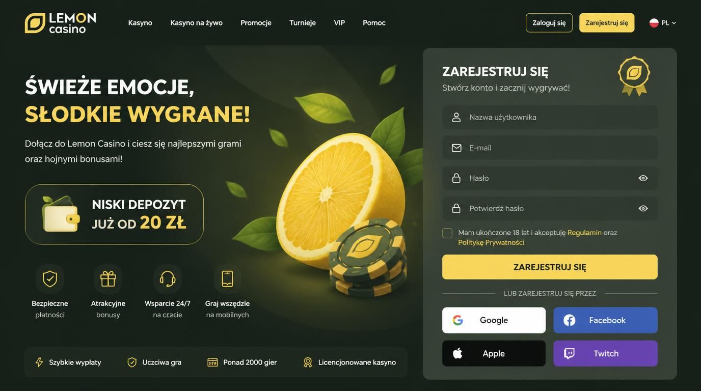Formularz rejestracji przez e-mail i social media, motyw lemon casino