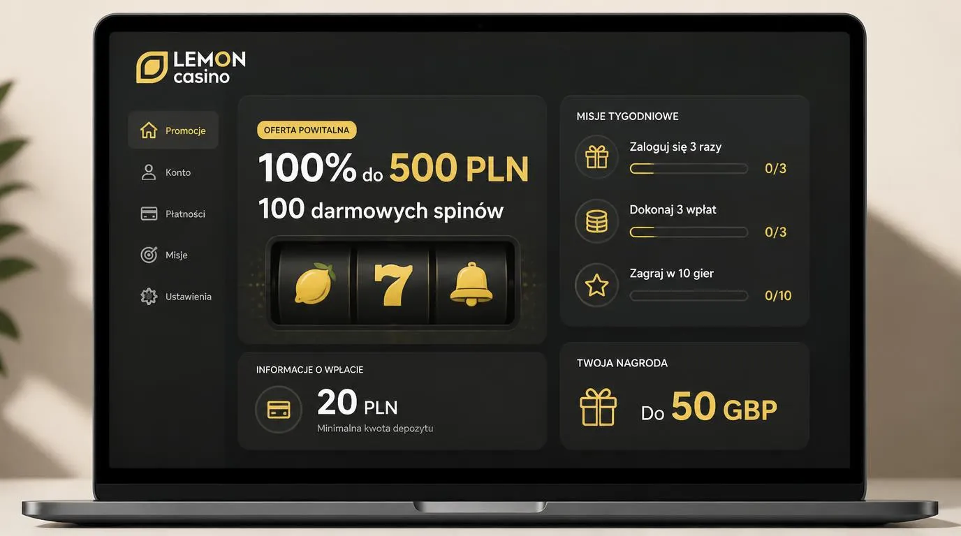 Panel promocji z bonusem 100% do 500 PLN, 100 darmowymi spinami i trzema zadaniami tygodniowymi