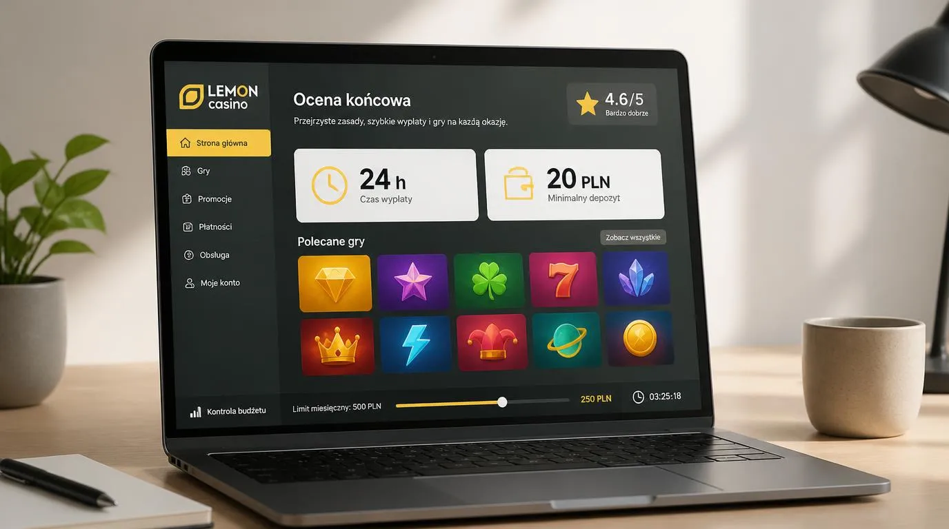 Panel kasyna online z czasem wypłaty 24 h, depozytem 20 PLN i katalogiem gier na ekranie laptopa