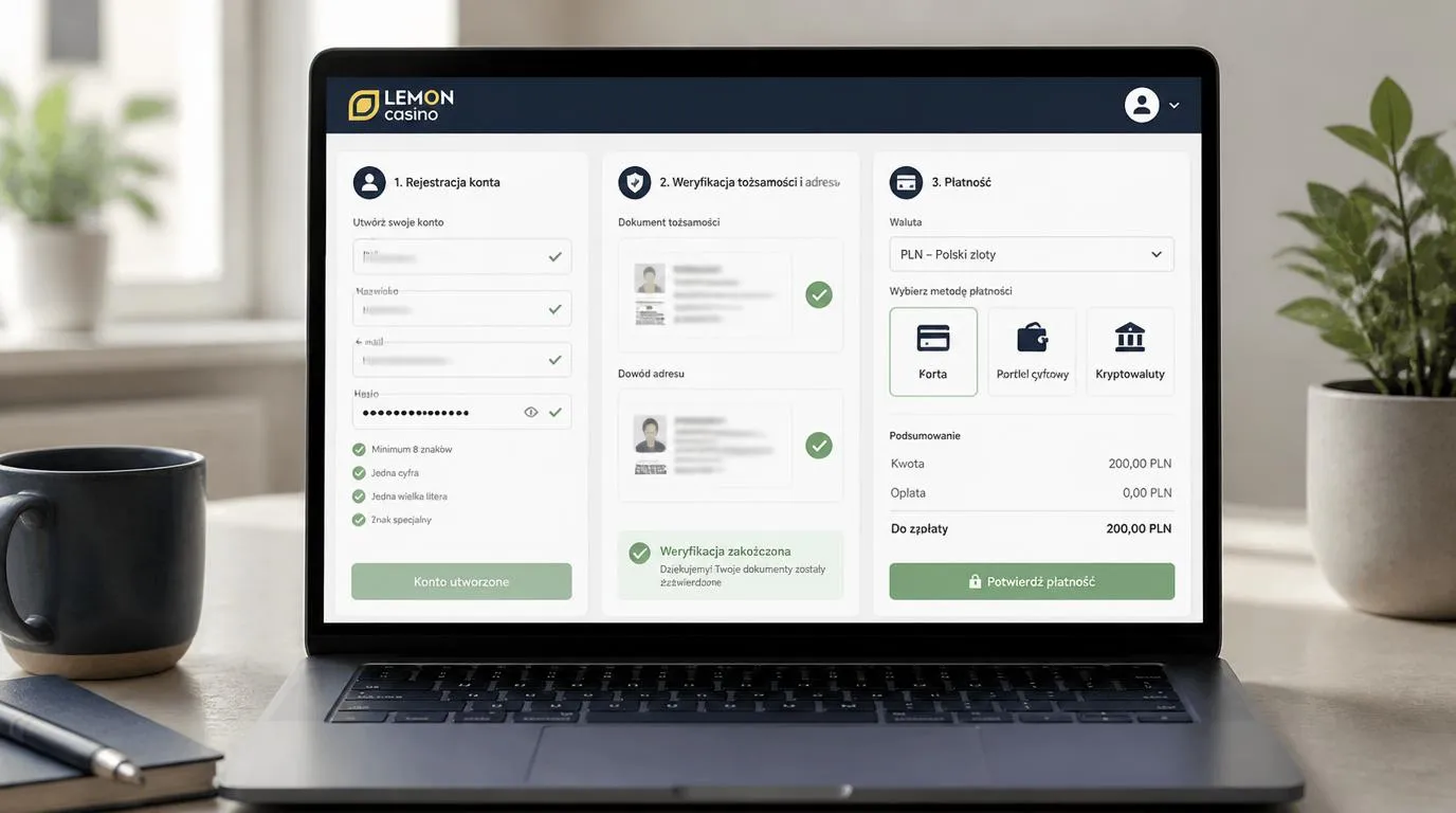 Panel konta kasyna online z weryfikacją tożsamości, potwierdzeniem adresu i wyborem metody wpłaty