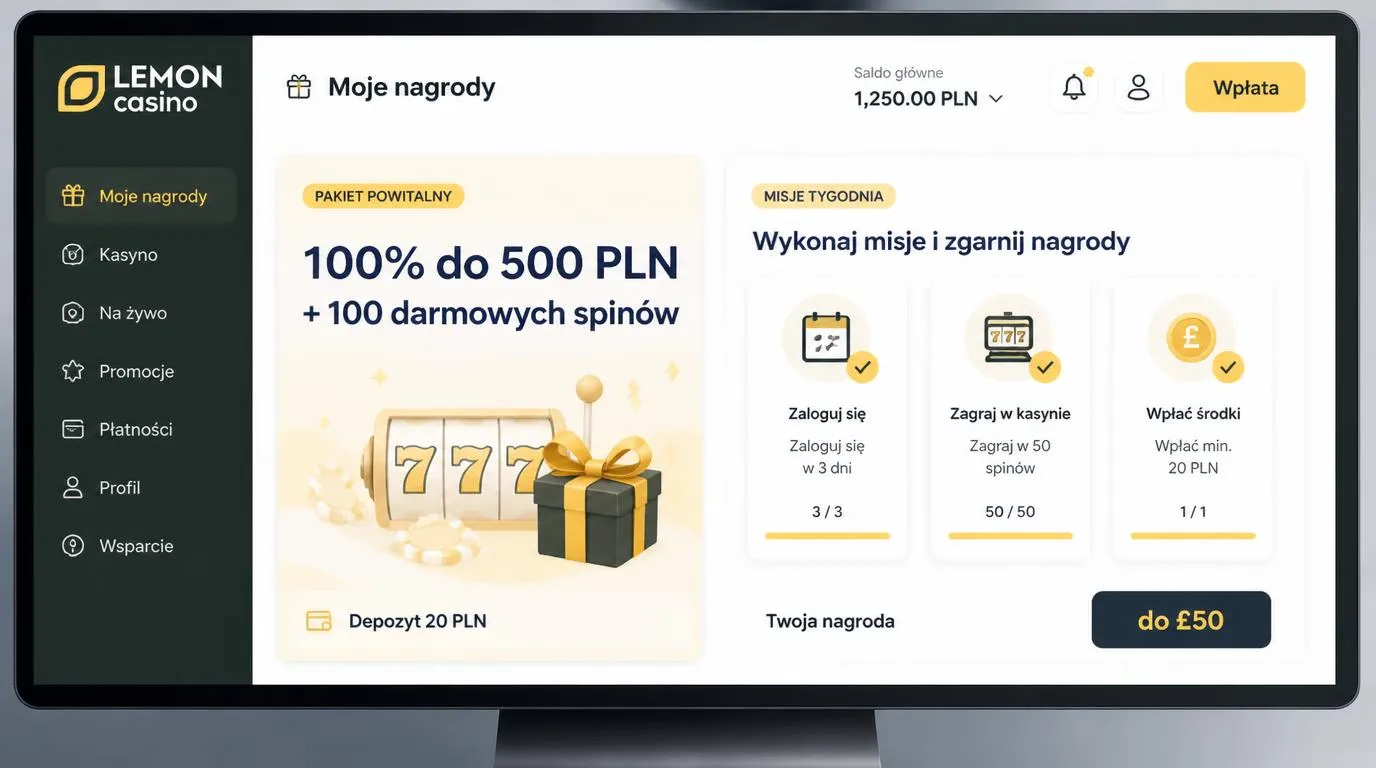 Panel promocji online z bonusem powitalnym i trzema zadaniami misji tygodniowej