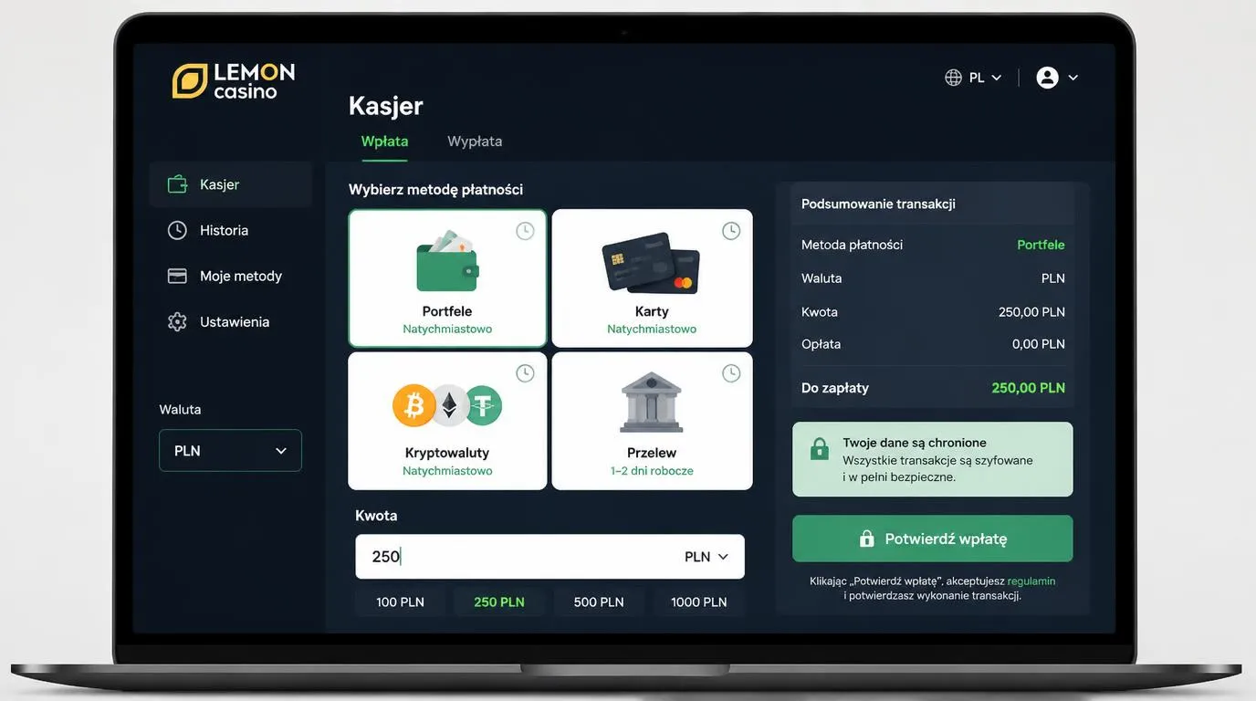 Panel kasjera online z portfelami elektronicznymi, kartami, kryptowalutami i przelewem bankowym