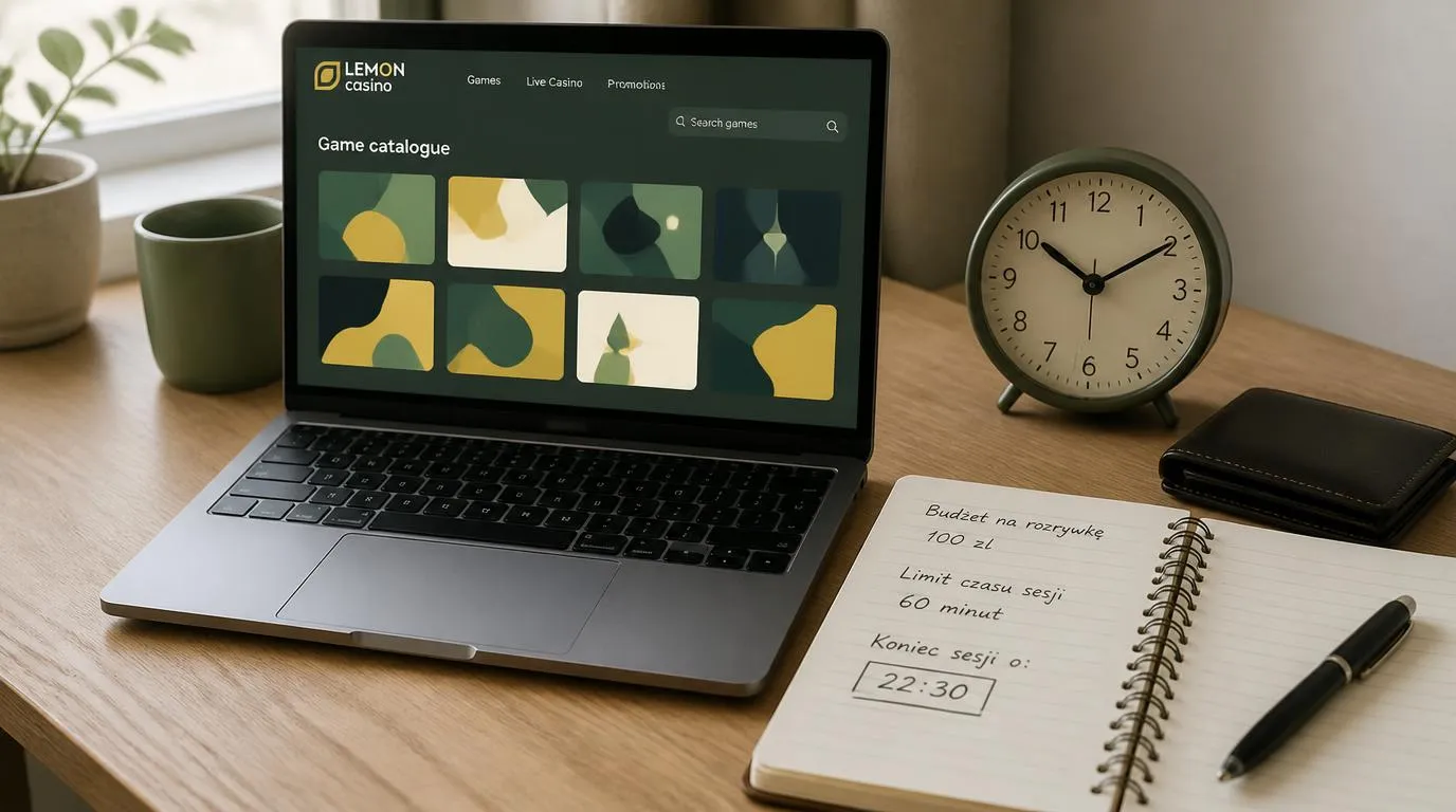 Laptop z ofertą gier online obok zegara i notesu z zapisanym budżetem na rozrywkę